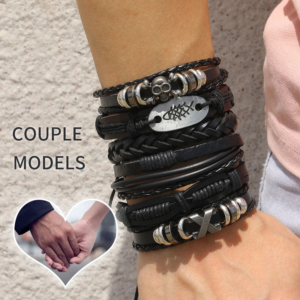 Mode Armband Viking Armband für Männer Hand Armbänder gewebt Schädel Hand Schmuck verstellbare Leder Set Viking Mann Armband
