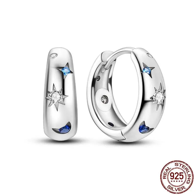 Leuchtende Muschel-Ohrringe für Damen, Original-Ohrringe aus 925er-Sterlingsilber, Pavé-CZ-Stern, Mond, Creolen, Verlobung, Hochzeit, Schmuck