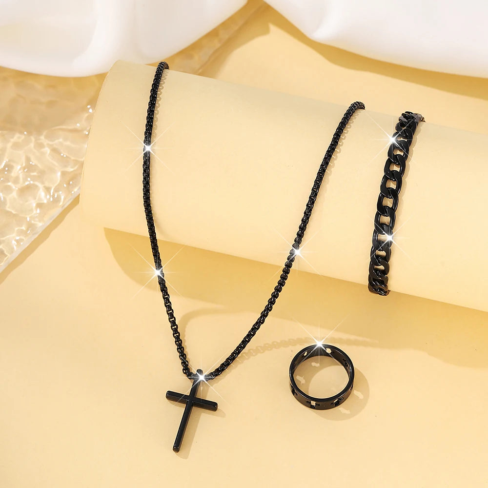 3 teile/satz männer Edelstahl Metall Kreuz Anhänger Kette Halskette Armband Ring Schmuck-Set Männlichen Hip Hop Täglichen Verschleiß zubehör