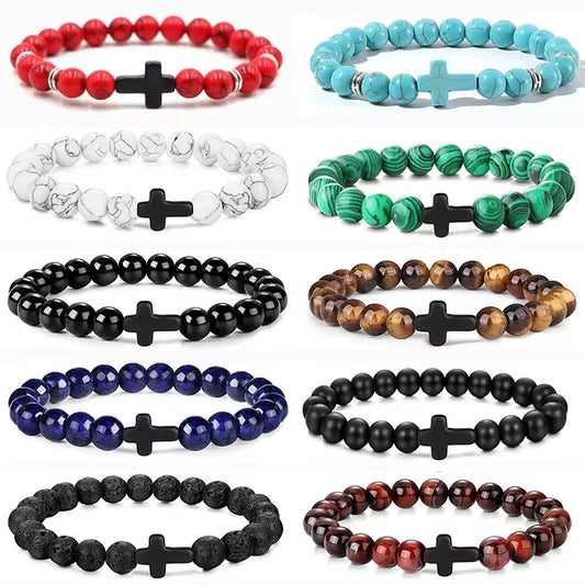 Gebet Männer Naturstein Holz Perlen Rosenkranz Hämatit Kreuz Armbänder Onyx Meditation Armband Frauen Yoga Schmuck Homme Pulsera