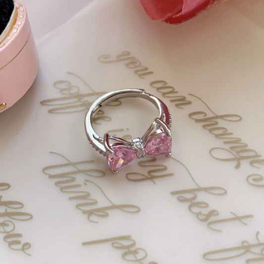 Mode Romantische Rosa Kristall Bowknot Ringe Süße Exquisite Y2K Öffnung Finger Ring Mädchen Geburtstag Party Schmuck Zubehör