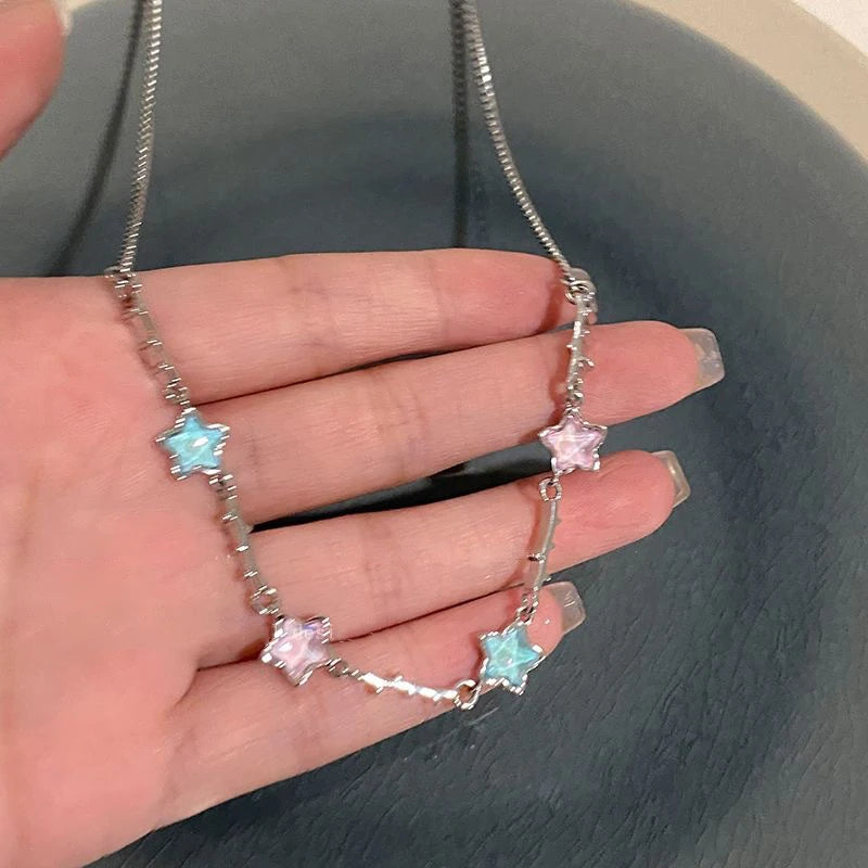 Mode Bunte Zirkon Stern Halskette Ohrringe für Frauen Süße Kühle Pentagramm Colliers Schlüsselbein Kette Ohrringe Y2K Schmuck Sets