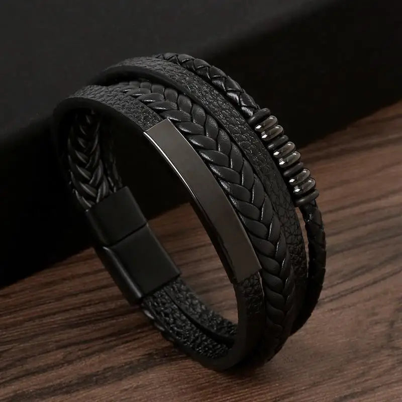 Punk Männer Leder armband mit Edelstahl Magnet verschluss geflochten mehr schicht ige Leder verpackung Armreifen Mann Schmuck Geschenk
