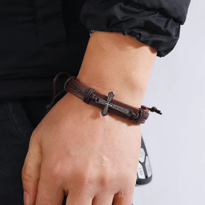 Retro Punk Metall Kreuz Bibel Armband Handgewebtes Rindsleder Verstellbares Armband Christliches Zubehör Unisex Schmuck Geschenk