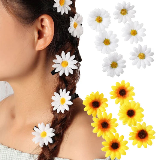 AWAYTR 6 Stück Sonnenblumen-Haarspangen, seitlicher Pony-Clip, niedliche Gänseblümchen, kleine Blumen-Haarnadeln, Entenschnabel-Haarnadel, Damen-Haar-Accessoires