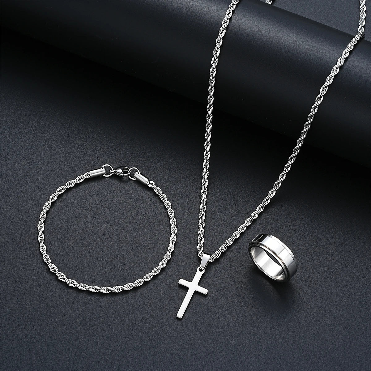 Edelstahl Einfache Schmuck-Set Für Männer Frauen Mode Silber Farbe Kreuz Anhänger Twisted Seil Halskette Armbänder Ring Geschenke