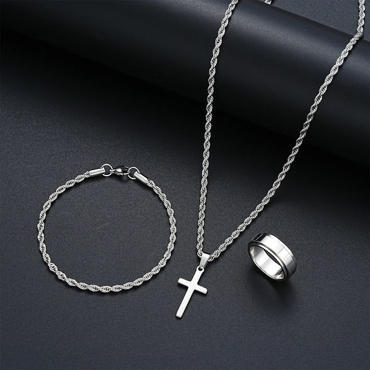 Edelstahl Einfache Schmuck-Set Für Männer Frauen Mode Silber Farbe Kreuz Anhänger Twisted Seil Halskette Armbänder Ring Geschenke