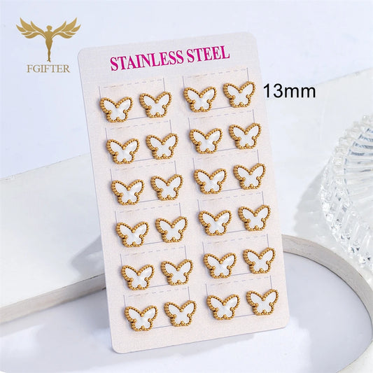 12-Paar-Set weiße Schmetterlings-Ohrringe, goldener Edelstahl, Piercing-Schmuck, elegante Damen-Accessoires, kleine Ohrstecker, Geschenke