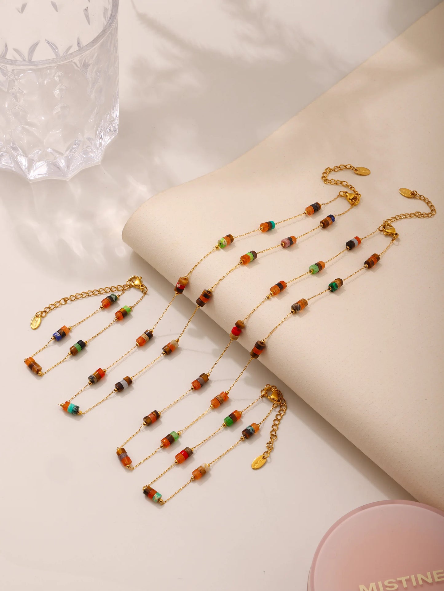 Liora No Anlauffarben Stein Halskette Armbänder Für Frauen Edelstahl Dünne Kette Schmuck Sets PVD Vergoldet Frauen Schmuck
