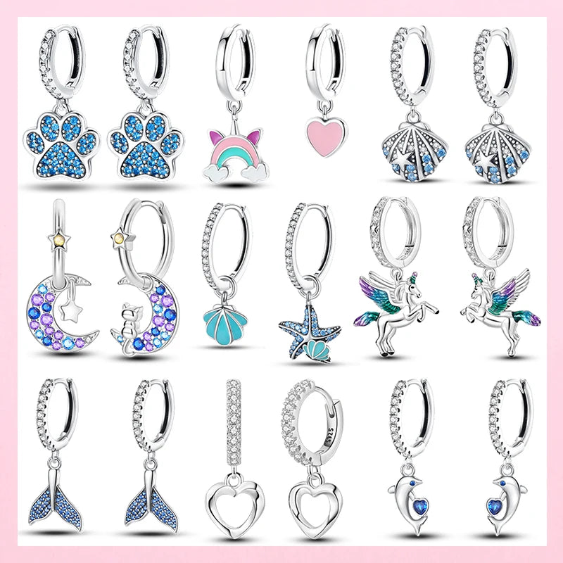 Leuchtende Muschel-Ohrringe für Damen, Original-Ohrringe aus 925er-Sterlingsilber, Pavé-CZ-Stern, Mond, Creolen, Verlobung, Hochzeit, Schmuck
