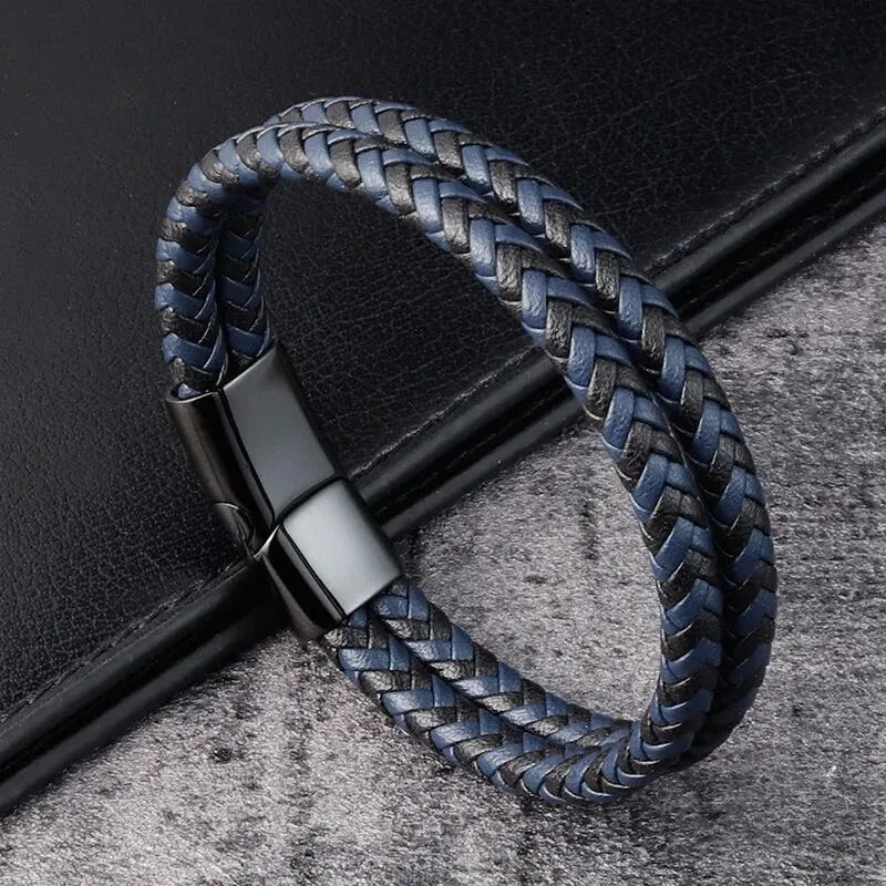 Männer Schwarz Blau Geflochtenes Echtleder Armband Doppelband Armreif