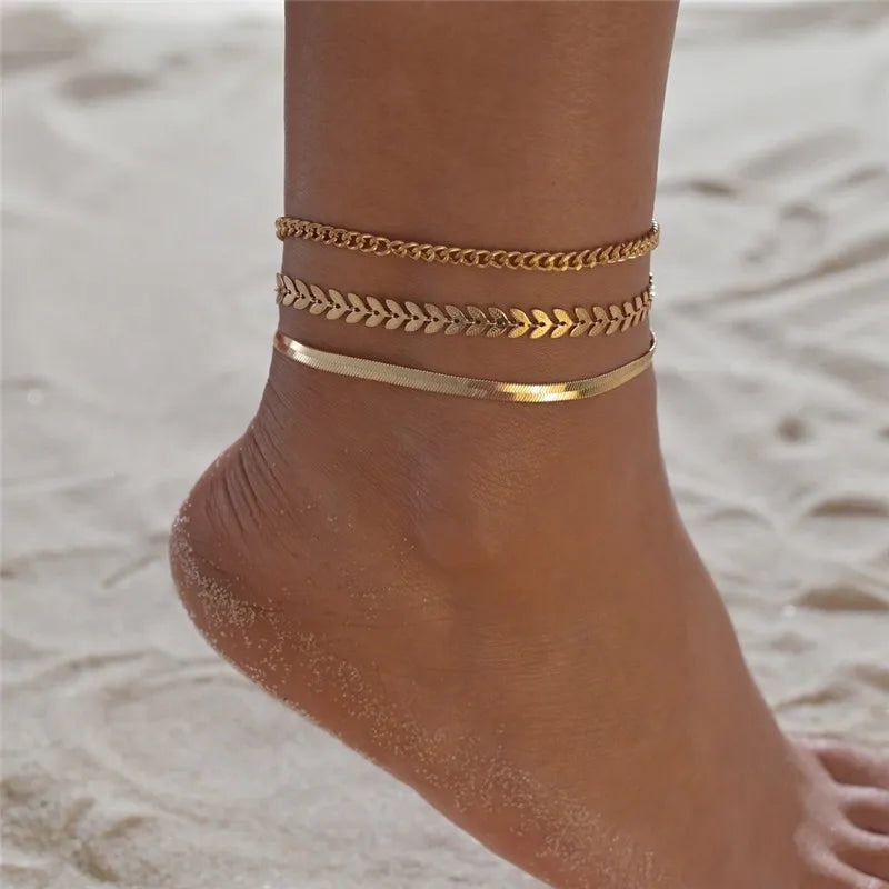 Modyle 2024 Neue Böhmen Handschellen Fußkettchen Multilayer Silber Farbe Fuß Kette Fashion Ankle Armband Für Frauen Strand Schmuck