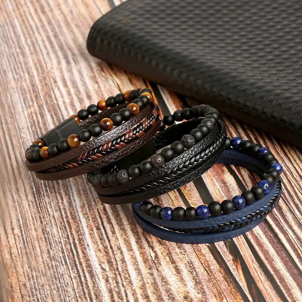 Herren Lederarmband Ferdт Klassische Mode Tigerauge Perlen Mehrschichtiges Lederarmband für Männer Schmuck Geschenk Pulseras