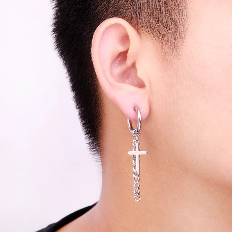 Neueste 1 Paar Edelstahl Kreuz Anhänger Baumeln Lange Quaste Unisex Creolen Männer/Frauen Punk Gothic Schmuck Beste Geschenke
