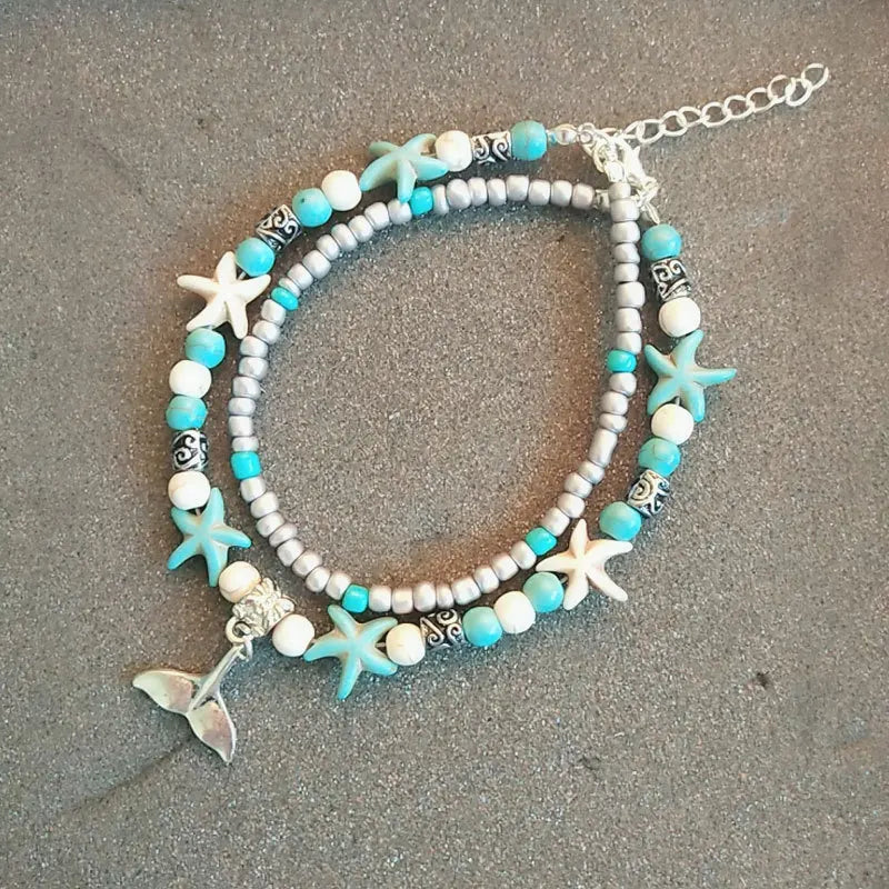 Doppel Fußkettchen Conch Starfish Sand Schildkröte Anhänger Fuß Ketten Türkis Stein Perlen Charme Strand Sommer Armband Knöchel Schmuck