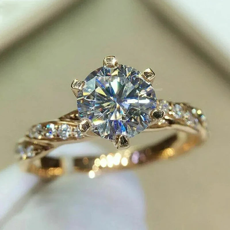 Huitan Klassische 6-Klauen-Zirkonia-Ringe für Frauen, luxuriös, goldfarben, Hochzeit, Verlobung, Bands, Ewigkeit, Dame, Schmuck, Großhandel