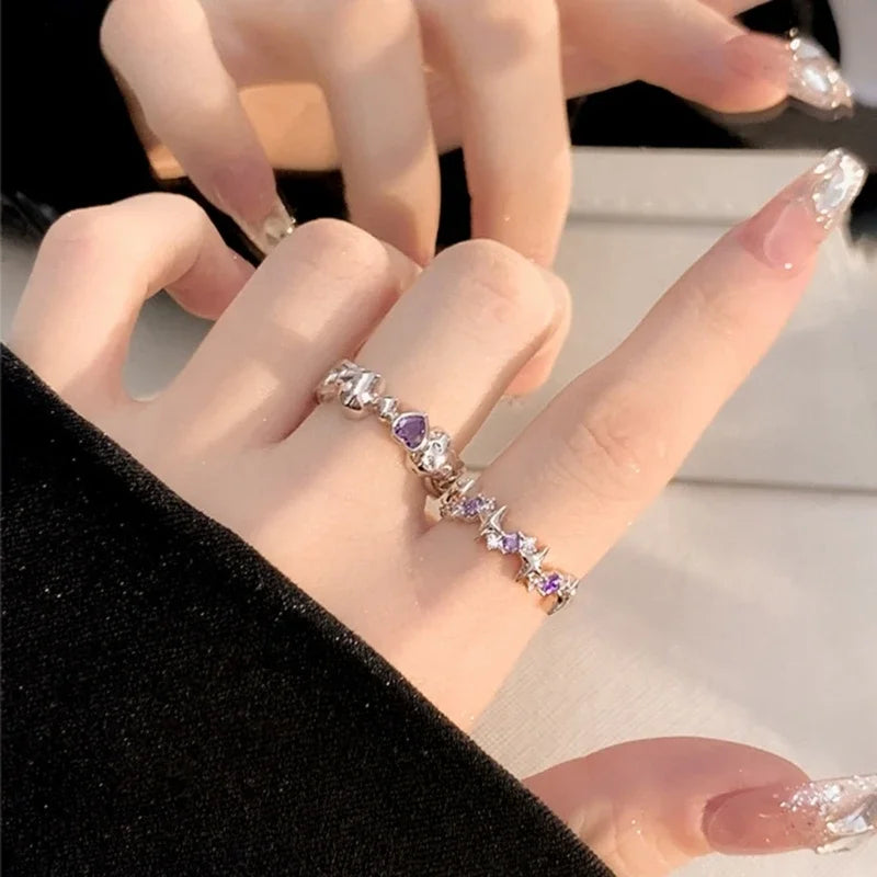 Neue Mode Shiny Lila Strass Öffnung Paar Ringe für Frauen Männer Vintage Kristall Stern Einstellbare Ring Liebhaber Y2K Schmuck