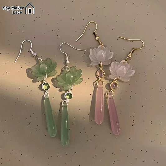 1 Paar Lotus Anhänger Quaste Ohrringe im chinesischen Stil für Frauen Mädchen klassische Retro elegante lange Tropfen Ohrringe Schmuck Geschenke