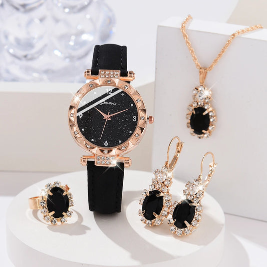 Damenuhren 5-teiliges Set Luxus Strass Damenmode Elegante Armbanduhr Quarzuhr für Mädchen Armbanduhr Armband Geschenk