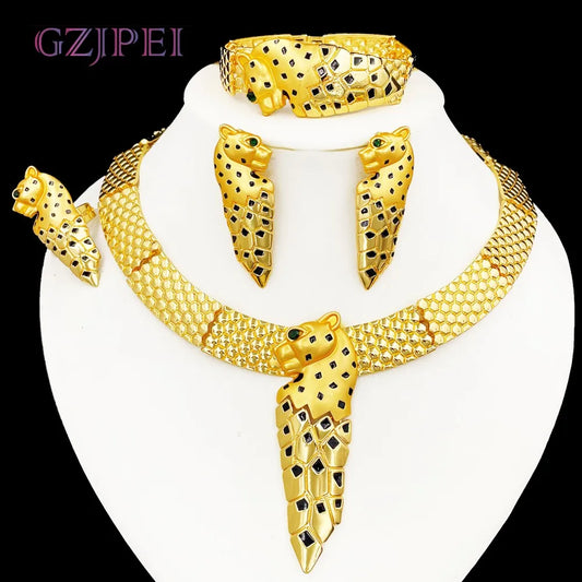 GZJPEI Übertreiben Sie großes Schmuckset, afrikanische Goldfarbe, Leoparden-Halskette, Armband, schicker großer Ohrring, Ring, Mode, Party-Geschenk