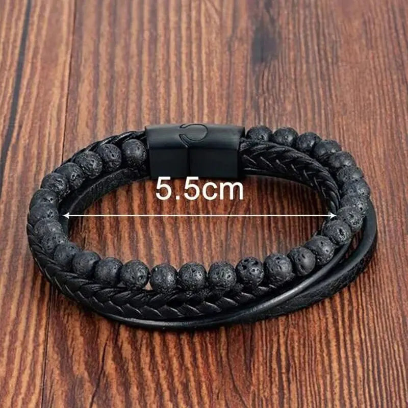 Mode Vulkanstein Perlen Armband Mutilayer Geflochtenes Leder Armband Für Männer Edelstahl Magnetische Armreif Schmuck Geschenk