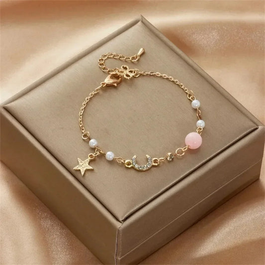 Mode Frauen Edelstahl Stern Mond Perle Einfache Kristall Zirkon Armband Armband Anhänger Schmuck Mädchen Party Party Geschenk