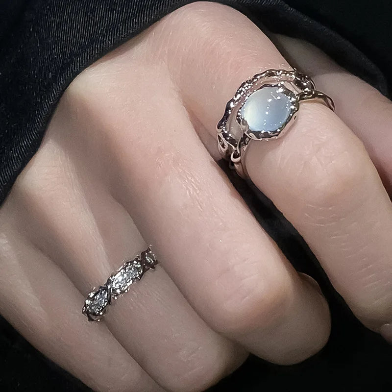 Herz Offene Ringe für Frauen Korea Geometrische Kristall Mondstein Gothic Finger Ring Y2K Zubehör Trendy Ästhetischen Schmuck Geschenk
