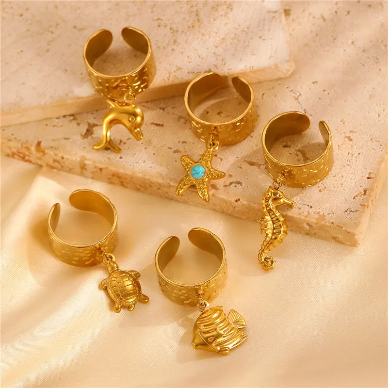 Mode Meer Tier Anhänger Ring für Frauen Runde Geometrische Joint Schmuck Mädchen Urlaub Edelstahl Charme Ringe Großhandel