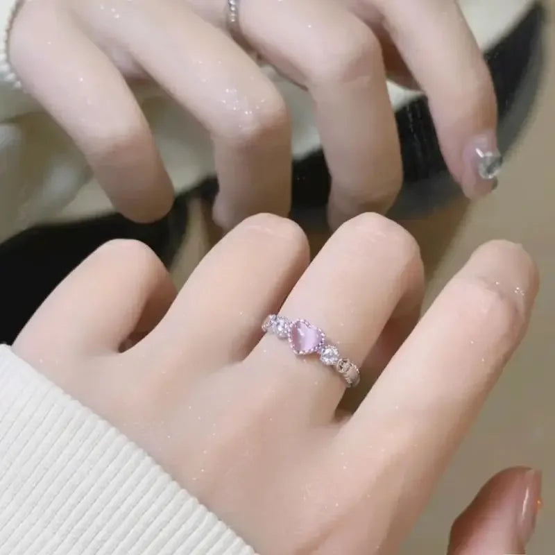 2024 Trend Rosa Liebe Herz Kristall Ringe für Frauen Liebe Zirkon Offenen Ring Unregelmäßige Ästhetische Ringe Schmuck