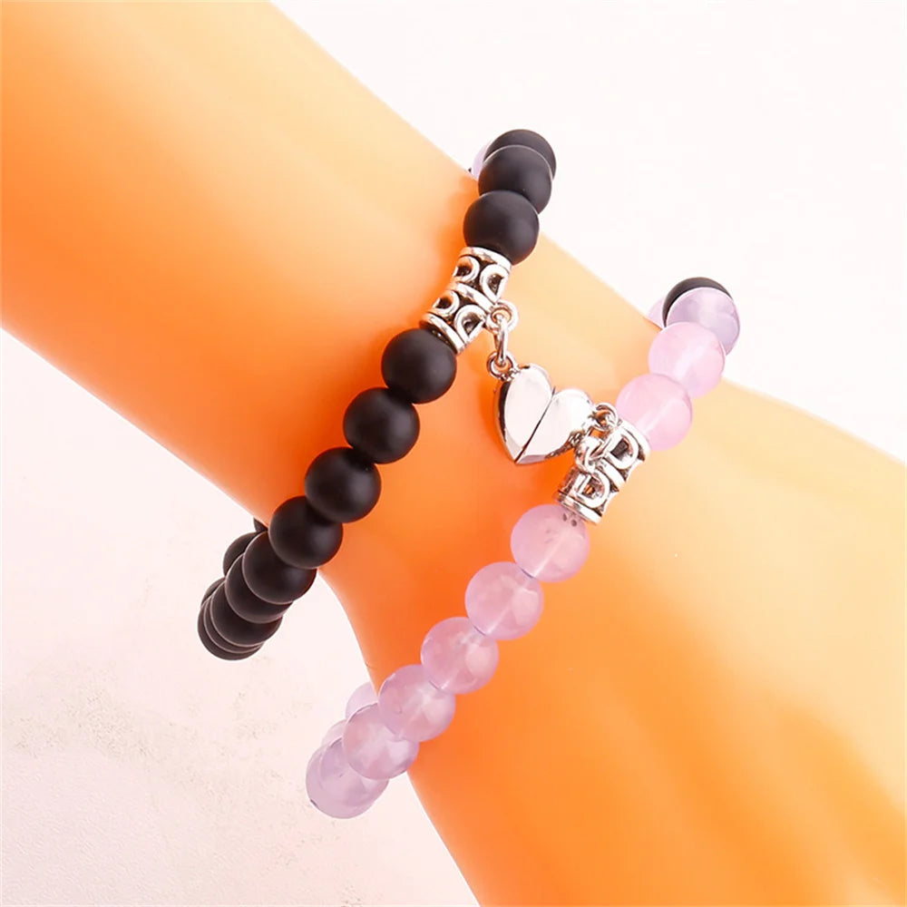 2 Teile/satz Perlen Paar Armbänder Naturstein Abstand Herz Magnet Armband Für Liebhaber Mode Liebhaber Schmuck Geschenk