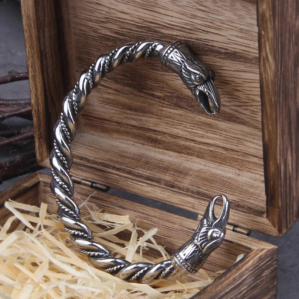 Edelstahl Nordic Viking Nordic Raven Armband Herren Armband Manschettenarmbänder mit Wikinger Holzkiste