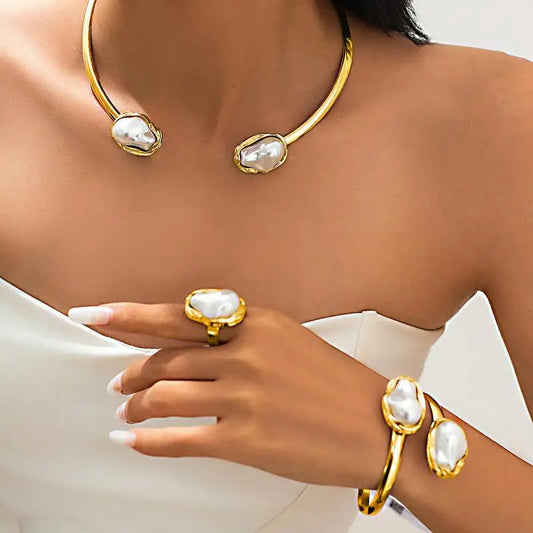 Vintage Unregelmäßige Barock Perlen Halskette Armbänder für Frauen Charme Gold Farbe Verstellbare Öffnung Ringe Schmuck Set Party Geschenke