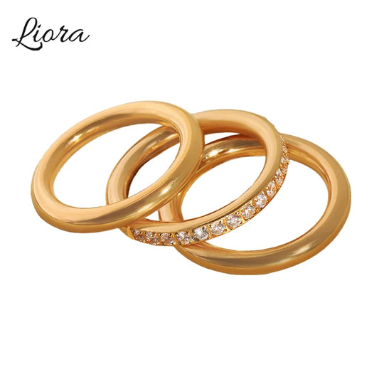 Liora 3-in-1-Ringe mit kubischem Zirkon für Damen, dünn, 18 Karat vergoldet, Edelstahl, Eheringe, Ringe für Frauen, Zeigefinger-Schmuck