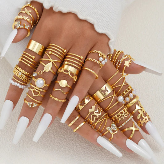 58 Teile/satz Gold Farbe Ringe Set Für Frauen Männer Vintage Hohl Schmetterling Perle Herz Kristall Geometrische Ringe Trendy Finger Schmuck