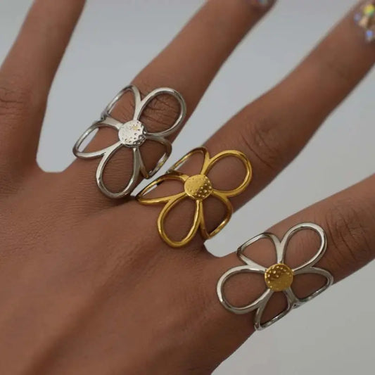 Hohle Gänseblümchen-Blumenringe aus Edelstahl für Damen, schlicht, goldfarben, silberfarben, offener Ring, antiallergisch, rostfrei, stilvoller Schmuck