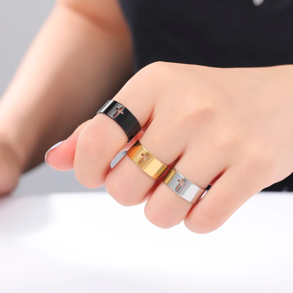 Bibelvers Hohlkreuz Frauen Fingerring Edelstahl Gold Stahl Schwarz Farbe Christian Jesus Männer Schmuck Geschenk Eheringe