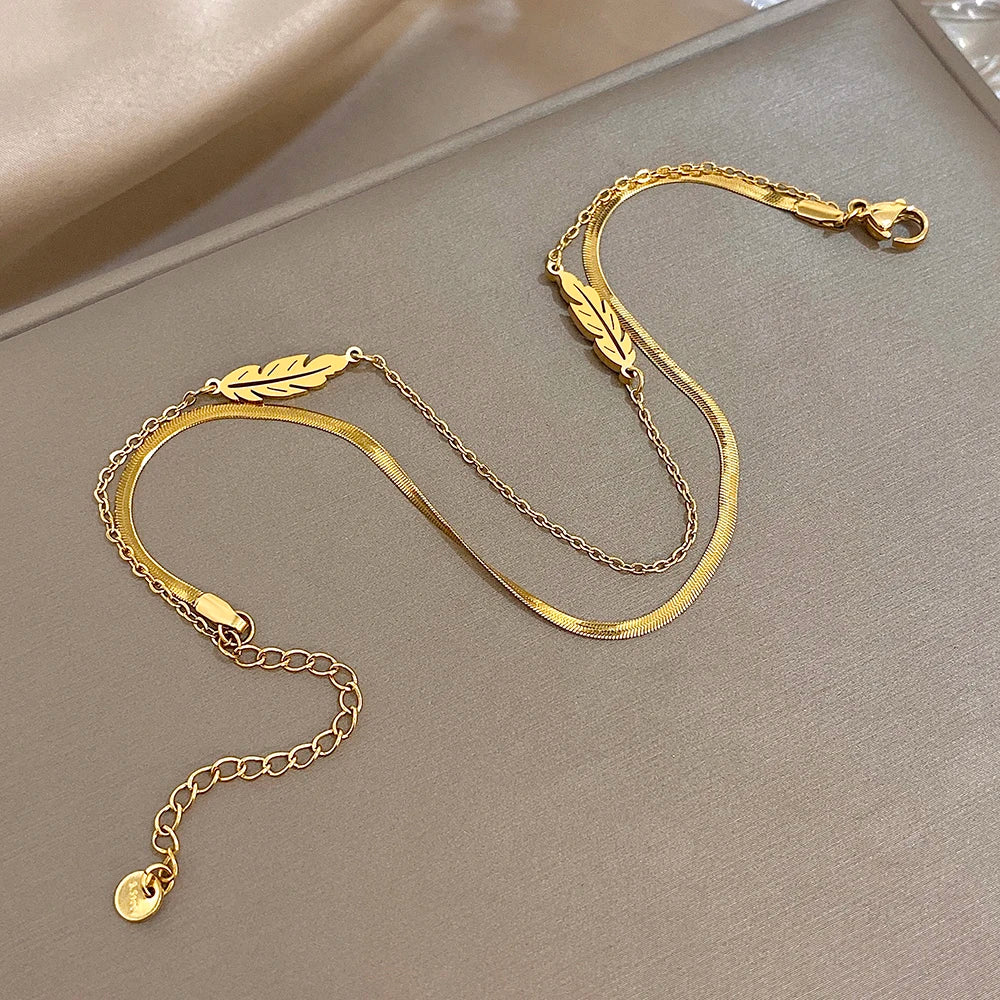 Mode Edelstahl Fußkettchen für Frauen Männer Doppelschicht Blätter Vergoldet Dicke Kette Armband Fußkettchen Wasserdicht Schmuck