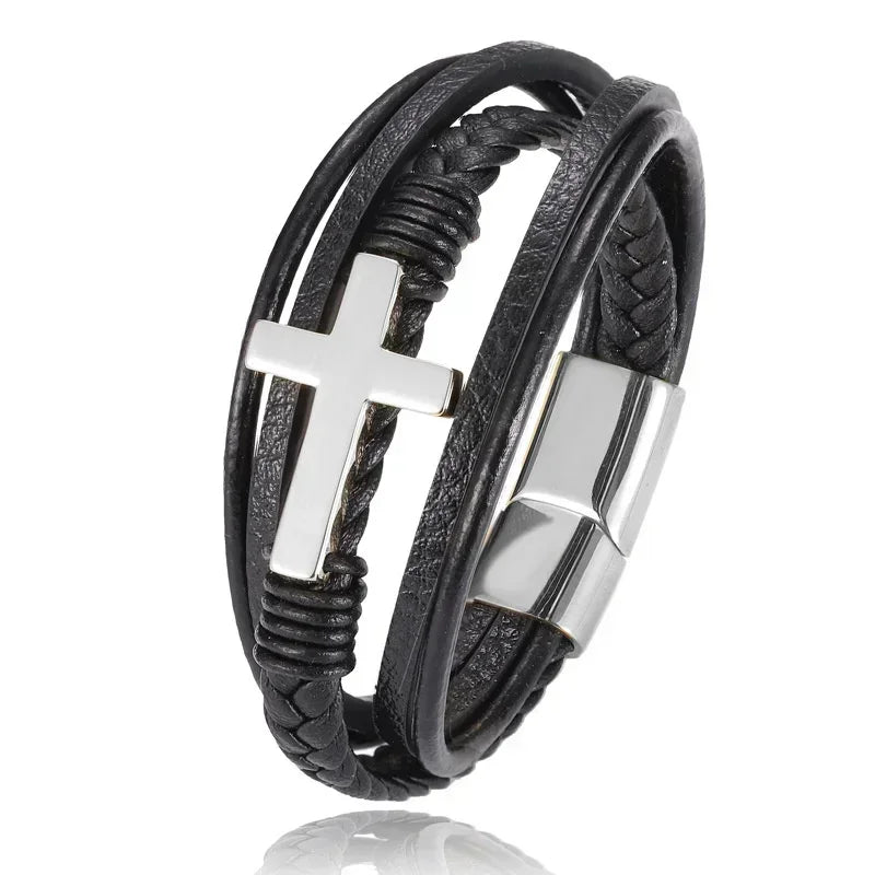 Klassisches einlagiges schwarzes handgewebtes Lederarmband mit Metall-Magnetverschluss, Herrenmode, Business-Schmuck, Geschenk