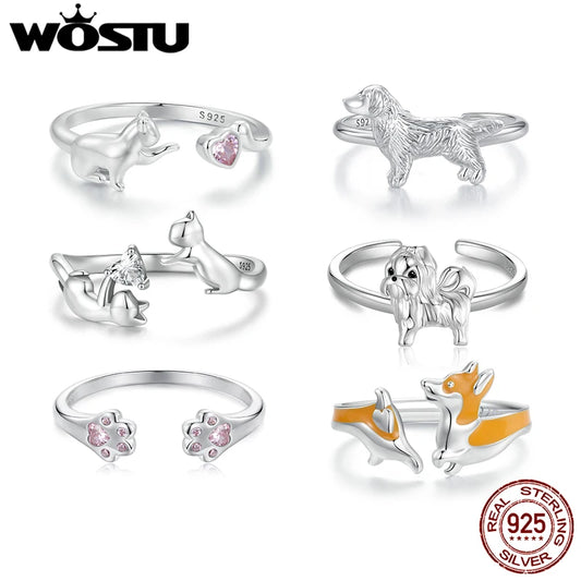 WOSTU 925 Sterling Silber Katze Haustier Einstellbare Ringe Für Frauen Tier Hund Offenen Ring Familie Tochter Geburtstag Schmuck Mädchen Geschenk