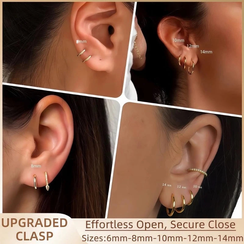 5 Paar 14 Karat vergoldete Huggie-Creolen für Damen, leicht, minimalistisch, kleine Creolen, mehrere Piercing-Stapel-Set-Ohrringe