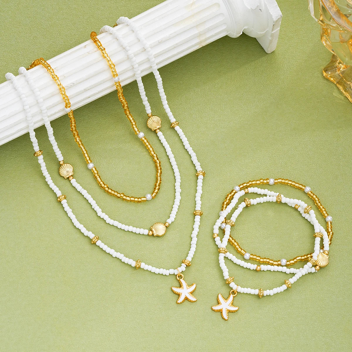 6 Teile/satz Reis Perlen Shell Seestern Anhänger Halskette Armbänder Böhmischen Elegante Gold Weiß Farbe Schmuck Set Urlaub Zubehör