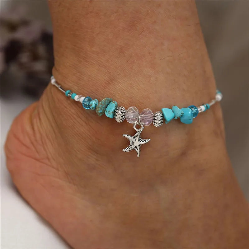 Modyle Vintage Silber Farbe Perlen Seestern Fußkettchen Für Frauen Handgemachte Perlen Knöchel Armband Sommer Strand Fuß Schmuck