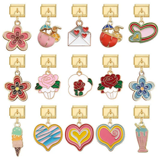 Gold Farbe Schöne Katze Rose Liebe Blume Eis Umschlag Anhänger Italienischen Charme Link Fit 9MM Armband Edelstahl DIY Machen