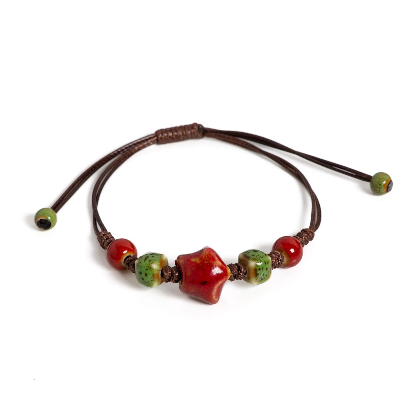 Handgefertigtes glasiertes grünes quadratisches Stern-Keramik-Armband, böhmischer verstellbarer minimalistischer Schmuck S02-028