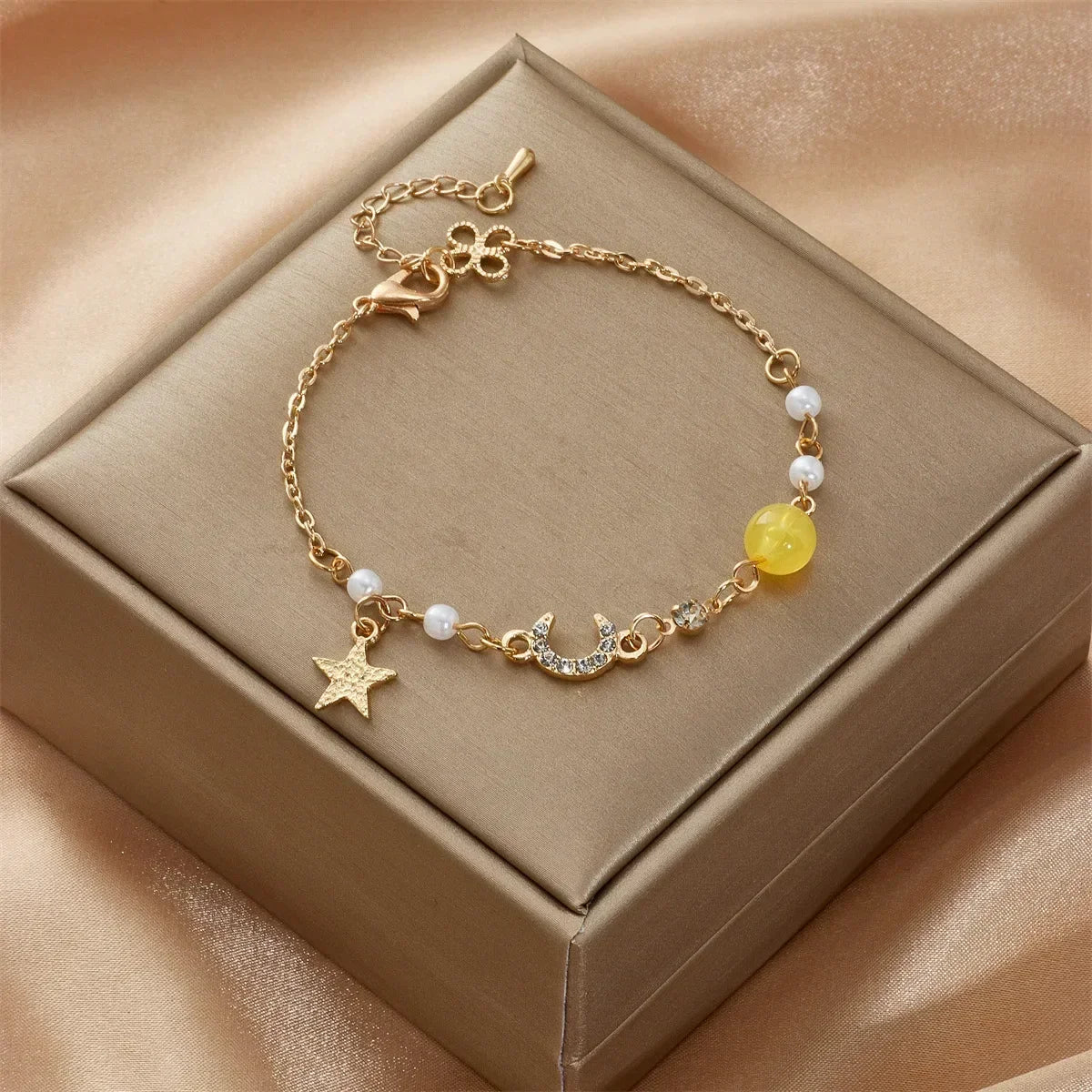 Mode Frauen Edelstahl Stern Mond Perle Einfache Kristall Zirkon Armband Armband Anhänger Schmuck Mädchen Party Party Geschenk