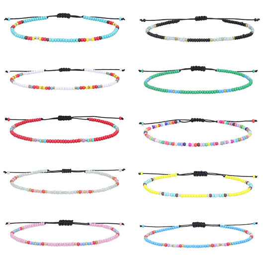 Boho Frauen Glasperlen gewebtes Fußkettchen Perlenarmband am Bein Strand Barfuß Fuß Schmuck handgemachte Seil Faden Weben Geflecht