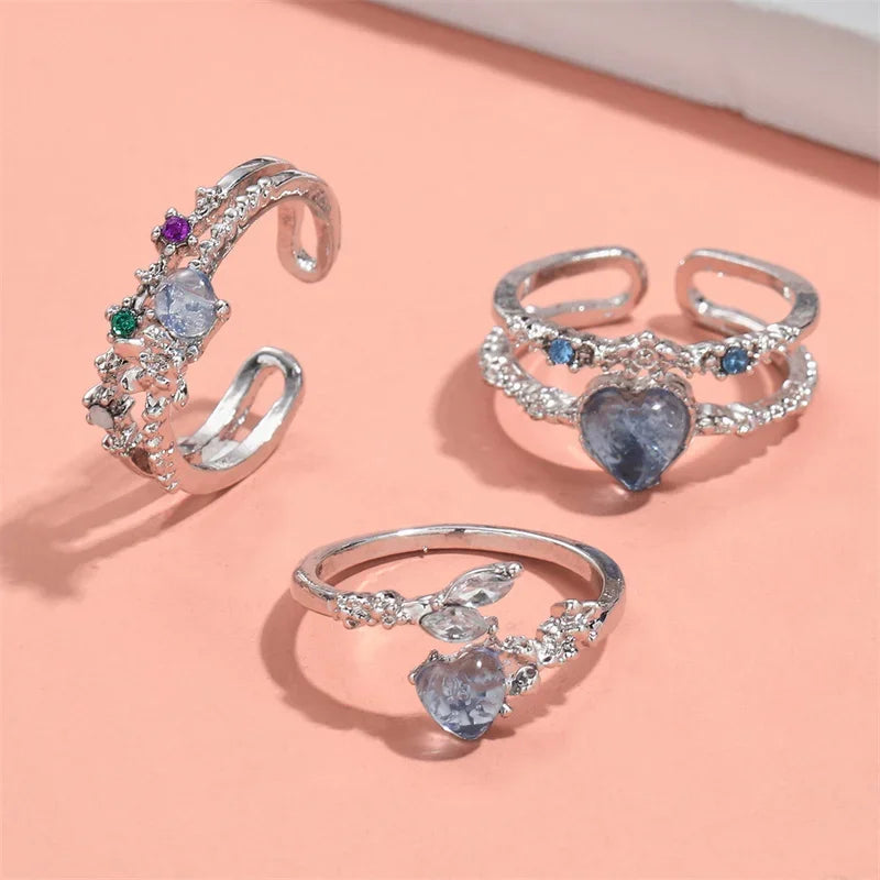 2023 neue Mode Blau Opal Herz Offene Ringe für Frauen Blume Strass Finger Ringe Hochzeit Party Trendy Mädchen Schmuck Geschenke