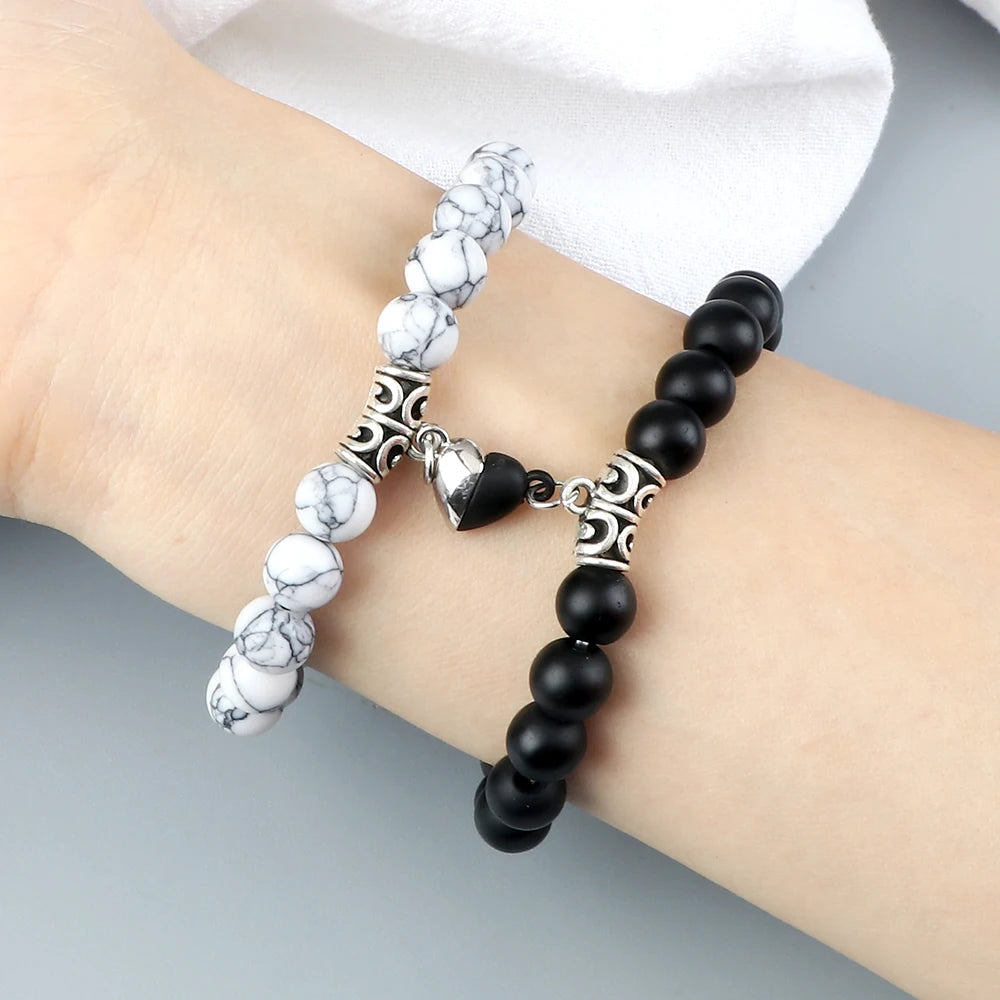 Heißer Paar Yin Yang Armband Set Männer 8mm Naturstein Herz form Magnet Liebe Armband für Frauen Freundschaft Mode schmuck Geschenk
