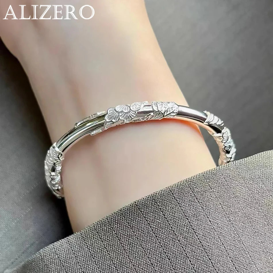 ALIZERO Armreif aus 925er-Sterlingsilber mit vollgeblasenen Blumen für Damen, zarte, offene, verstellbare Armbänder, Modeschmuck