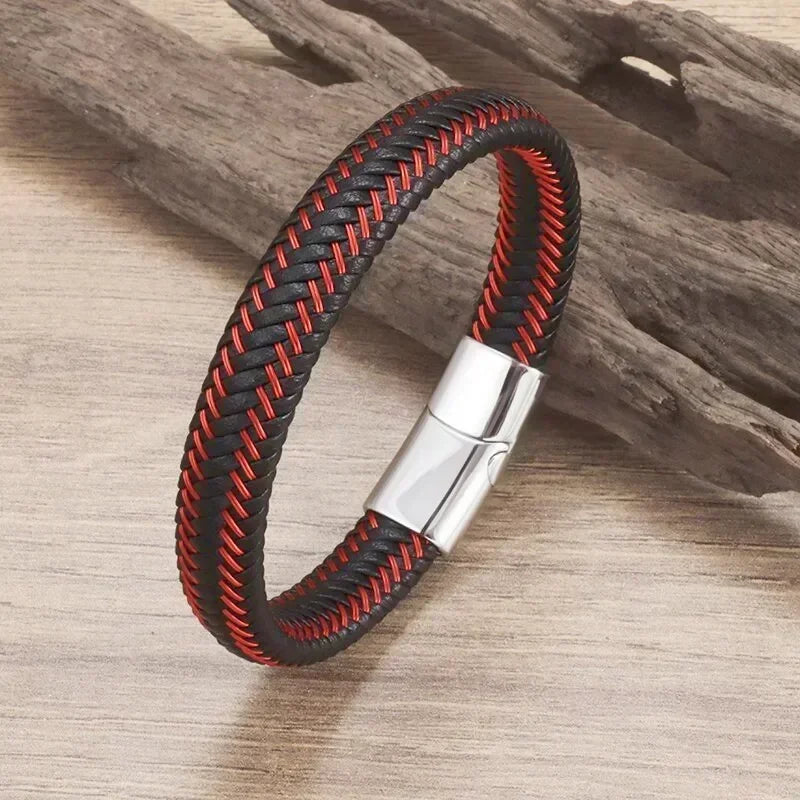 Klassisches einlagiges schwarzes handgewebtes Lederarmband mit Metall-Magnetverschluss, Herrenmode, Business-Schmuck, Geschenk